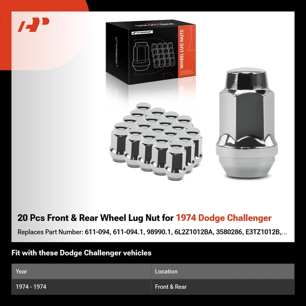 20 Pcs Front & Rear Wheel Lug Nut for 1974 Dodge Challenger