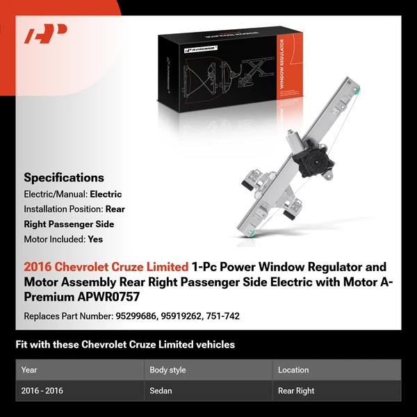 2016 Chevrolet Cruze Limited 1-Pc Power Window Regulator and Motor Assembly Rear Right Passenger Side Electric with Motor A-Premium APWR0757