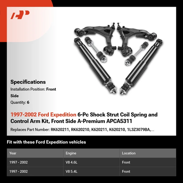 1997-2002 Ford Expedition 6-Pc Shock Strut Coil Spring and Control Arm Kit, Front Side A-Premium APCA5311