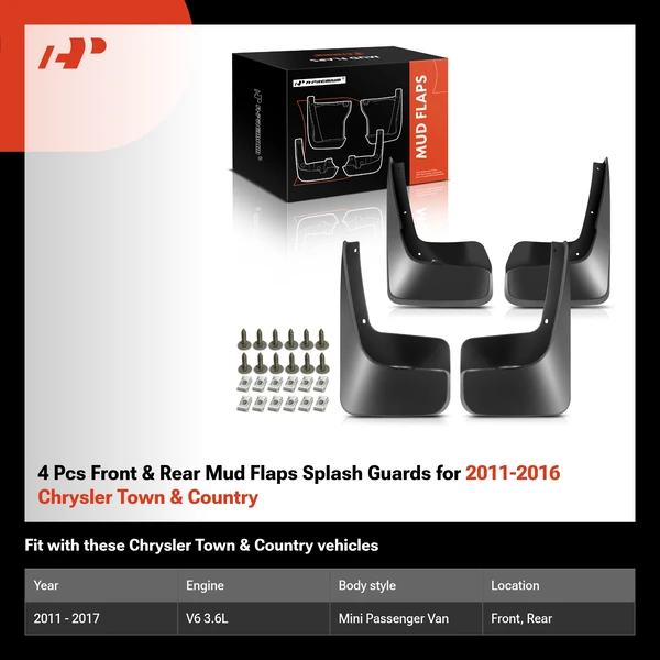4 Pcs Front & Rear Mud Flaps Splash Guards for 2011-2016 Chrysler Town & Country
