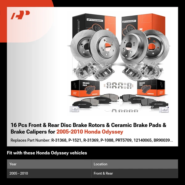 16 Pcs Front & Rear Disc Brake Rotors & Ceramic Brake Pads & Brake Calipers for 2005-2010 Honda Odyssey