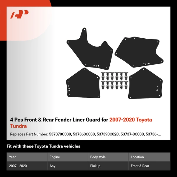 4 Pcs Front & Rear Fender Liner Guard for 2007-2020 Toyota Tundra