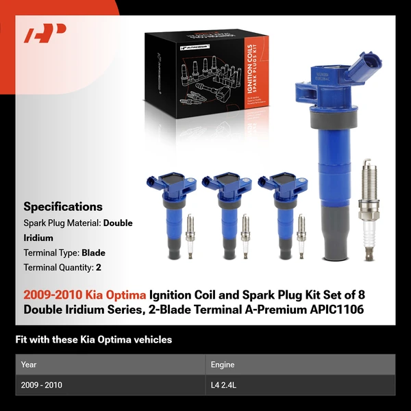 2009-2010 Kia Optima Ignition Coil and Spark Plug Kit Set of 8 Double Iridium Series, 2-Blade Terminal A-Premium APIC1106