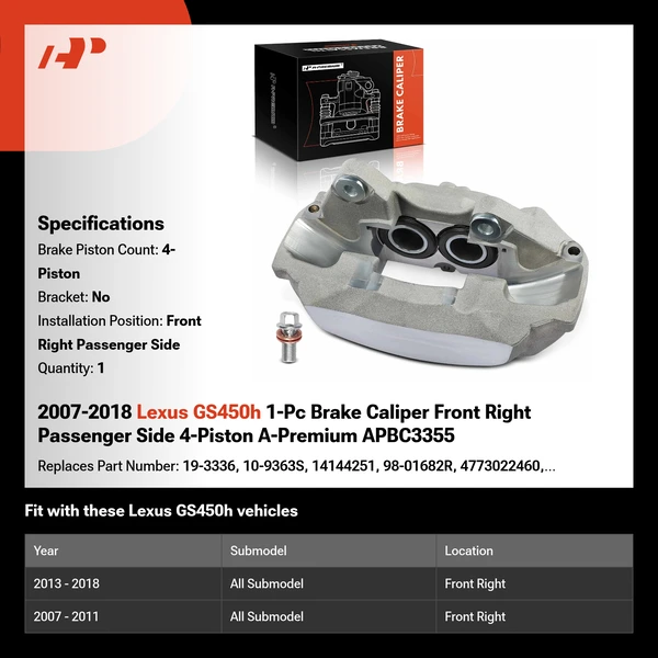 2007-2018 Lexus GS450h 1-Pc Brake Caliper Front Right Passenger Side 4-Piston A-Premium APBC3355