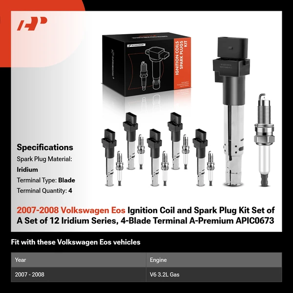 2007-2008 Volkswagen Eos Ignition Coil and Spark Plug Kit Set of A Set of 12 Iridium Series, 4-Blade Terminal A-Premium APIC0673