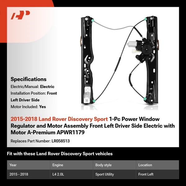 2015-2018 Land Rover Discovery Sport 1-Pc Power Window Regulator and Motor Assembly Front Left Driver Side Electric with Motor A-Premium APWR1179
