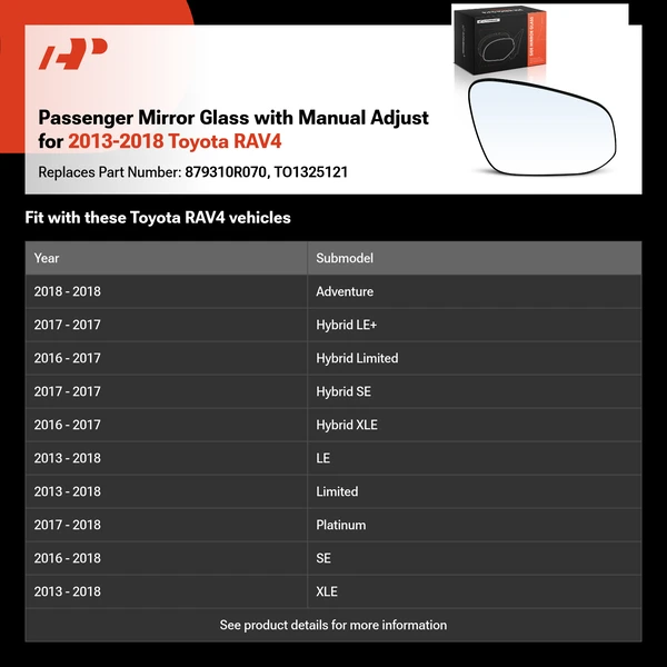 Passenger Mirror Glass with Manual Adjust for 2013-2018 Toyota RAV4