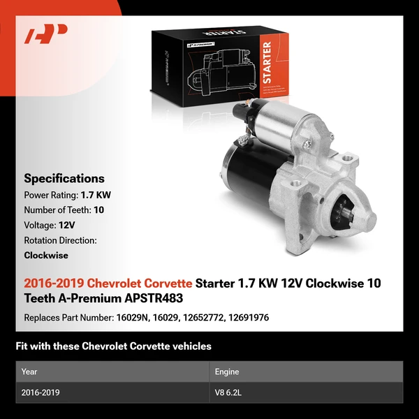 2016-2019 Chevrolet Corvette Starter 1.7 KW 12V Clockwise 10 Teeth A-Premium APSTR483