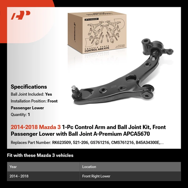 2014-2018 Mazda 3 1-Pc Control Arm and Ball Joint Kit, Front Passenger Lower with Ball Joint A-Premium APCA5670