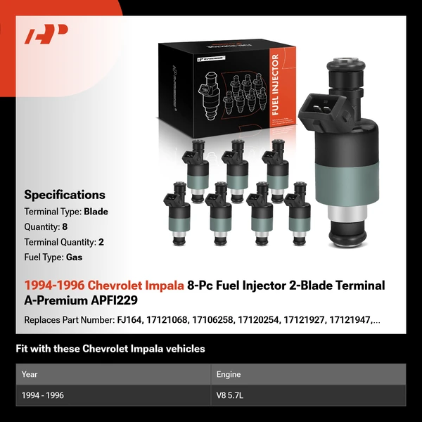 1994-1996 Chevrolet Impala 8-Pc Fuel Injector 2-Blade Terminal A-Premium APFI229
