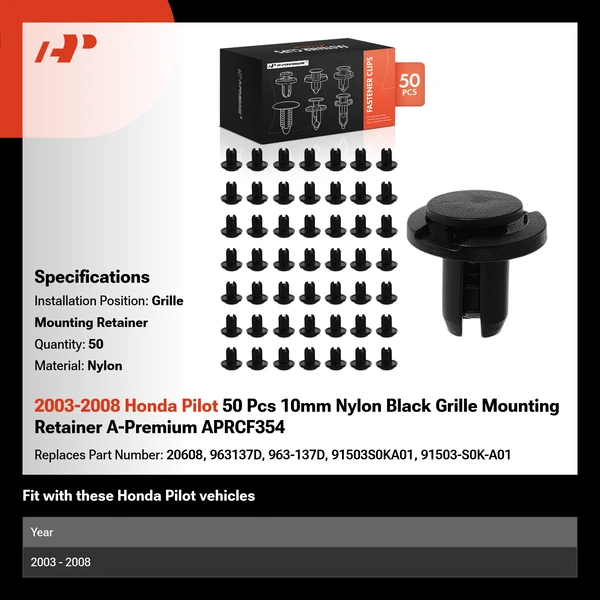 2003-2008 Honda Pilot 50 Pcs 10mm Nylon Black Grille Mounting Retainer A-Premium APRCF354