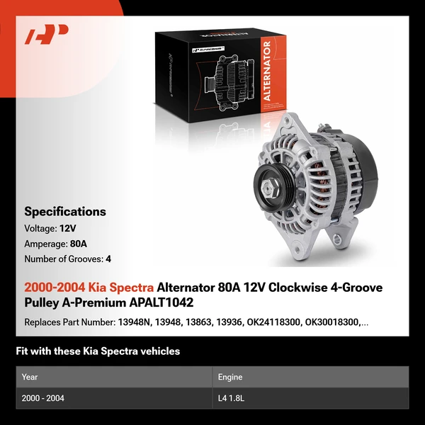 2000-2004 Kia Spectra Alternator 80A 12V Clockwise 4-Groove Pulley A-Premium APALT1042