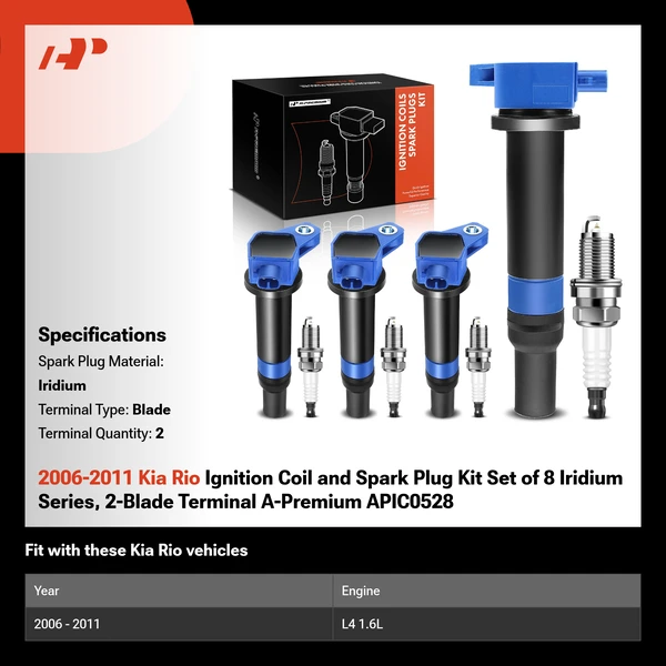 2006-2011 Kia Rio Ignition Coil and Spark Plug Kit Set of 8 Iridium Series, 2-Blade Terminal A-Premium APIC0528