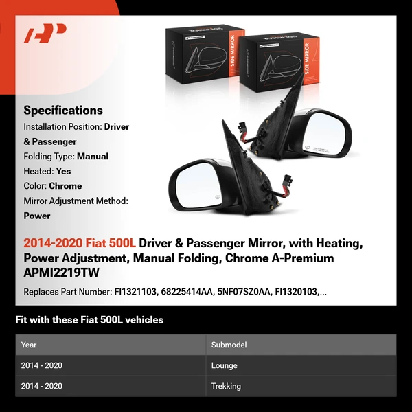 2014-2020 Fiat 500L Driver & Passenger Mirror, with Heating, Power Adjustment, Manual Folding, Chrome A-Premium APMI2219TW