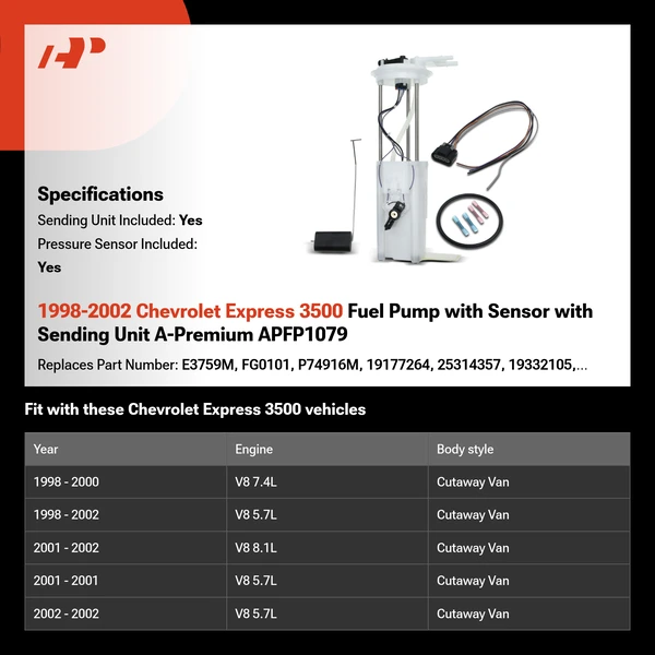 1998-2002 Chevrolet Express 3500 Fuel Pump with Sensor with Sending Unit A-Premium APFP1079