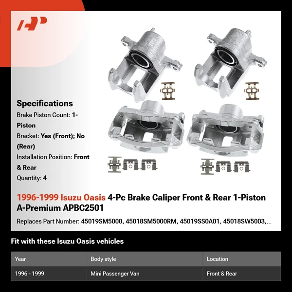 1996-1999 Isuzu Oasis 4-Pc Brake Caliper Front & Rear 1-Piston A-Premium APBC2501