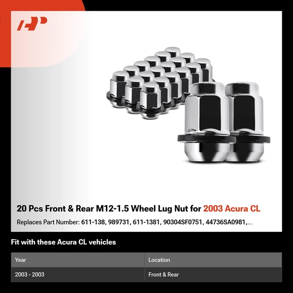 20 Pcs Front & Rear M12-1.5 Wheel Lug Nut for 2003 Acura CL
