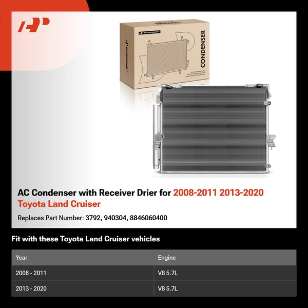 AC Condenser with Receiver Drier for 2008-2011 2013-2020 Toyota Land Cruiser