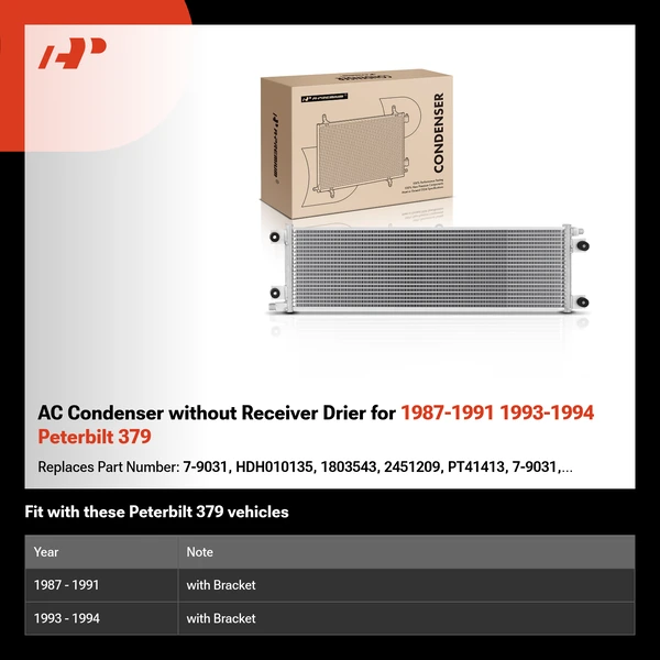 AC Condenser without Receiver Drier for 1987-1991 1993-1994 Peterbilt 379
