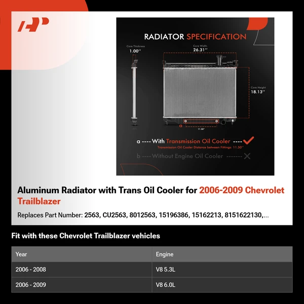 Aluminum Radiator with Trans Oil Cooler for 2006-2009 Chevrolet Trailblazer