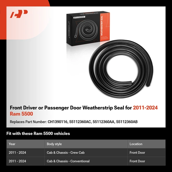 Front Driver or Passenger Door Weatherstrip Seal for 2011-2024 Ram 5500