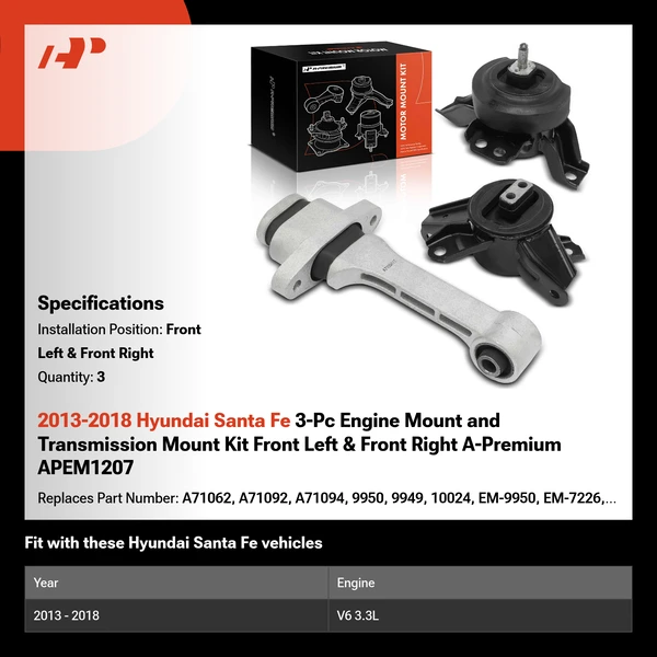 2013-2018 Hyundai Santa Fe 3-Pc Engine Mount and Transmission Mount Kit Front Left & Front Right A-Premium APEM1207