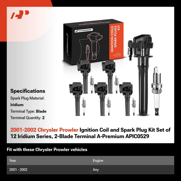 2001-2002 Chrysler Prowler Ignition Coil and Spark Plug Kit Set of 12 Iridium Series, 2-Blade Terminal A-Premium APIC0529