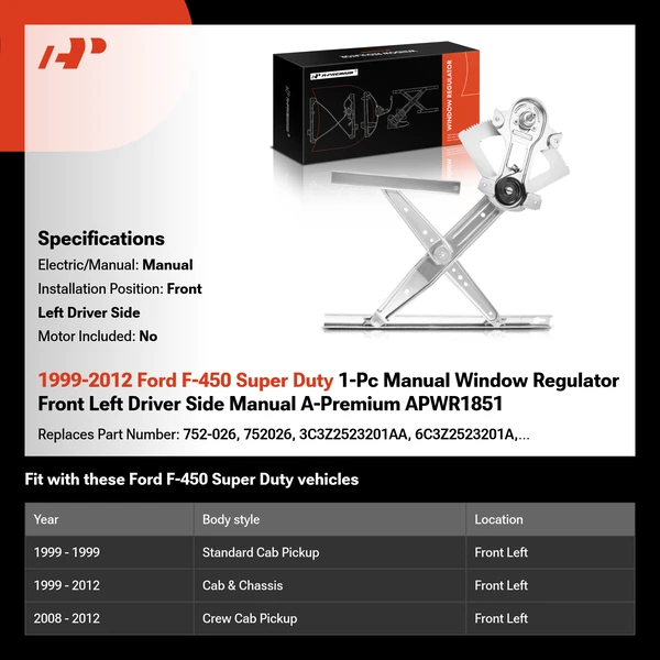 1999-2012 Ford F-450 Super Duty 1-Pc Manual Window Regulator Front Left Driver Side Manual A-Premium APWR1851