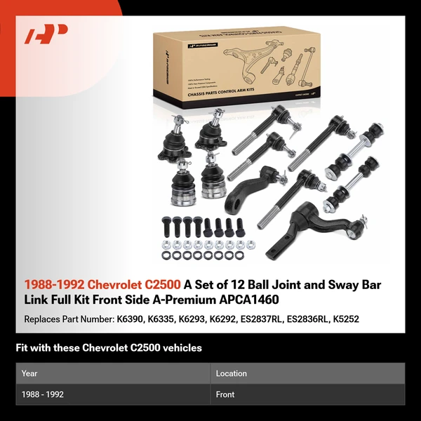 1988-1992 Chevrolet C2500 A Set of 12 Ball Joint and Sway Bar Link Full Kit Front Side A-Premium APCA1460