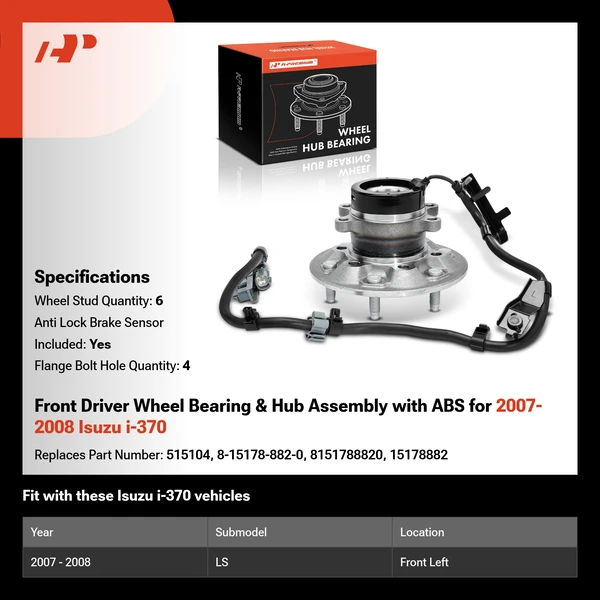 Front Driver Wheel Bearing & Hub Assembly with ABS for 2007-2008 Isuzu i-370
