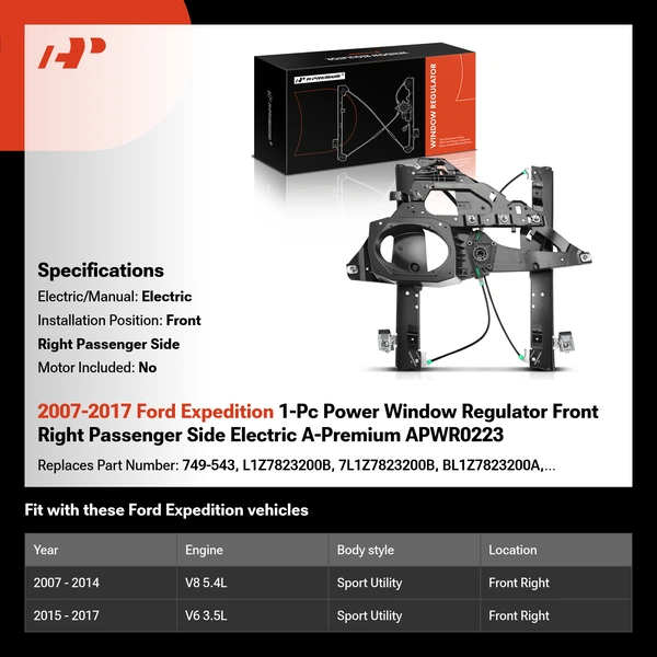 2007-2017 Ford Expedition 1-Pc Power Window Regulator Front Right Passenger Side Electric A-Premium APWR0223