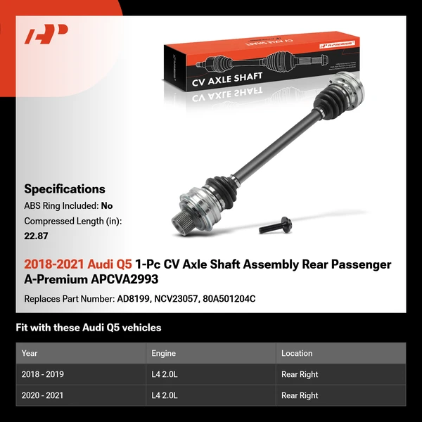 2018-2021 Audi Q5 1-Pc CV Axle Shaft Assembly Rear Passenger A-Premium APCVA2993