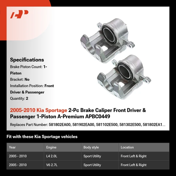 2005-2010 Kia Sportage 2-Pc Brake Caliper Front Driver & Passenger 1-Piston A-Premium APBC0449