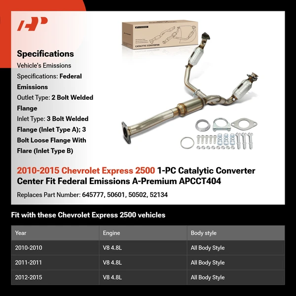 2010-2015 Chevrolet Express 2500 1-PC Catalytic Converter Center Fit Federal Emissions A-Premium APCCT404
