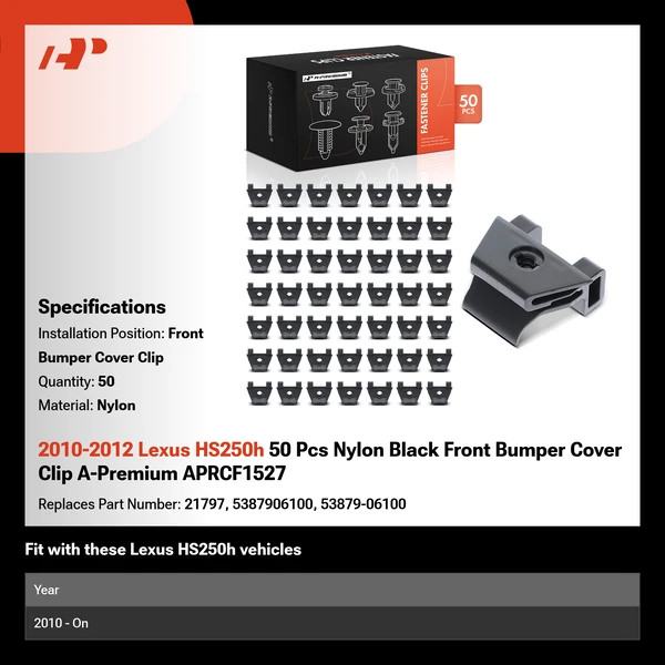 2010-2012 Lexus HS250h 50 Pcs Nylon Black Front Bumper Cover Clip A-Premium APRCF1527