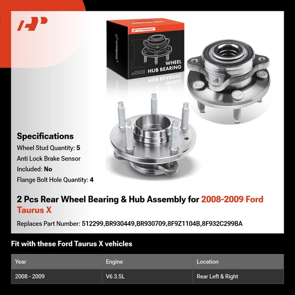 2 Pcs Rear Wheel Bearing & Hub Assembly for 2008-2009 Ford Taurus X