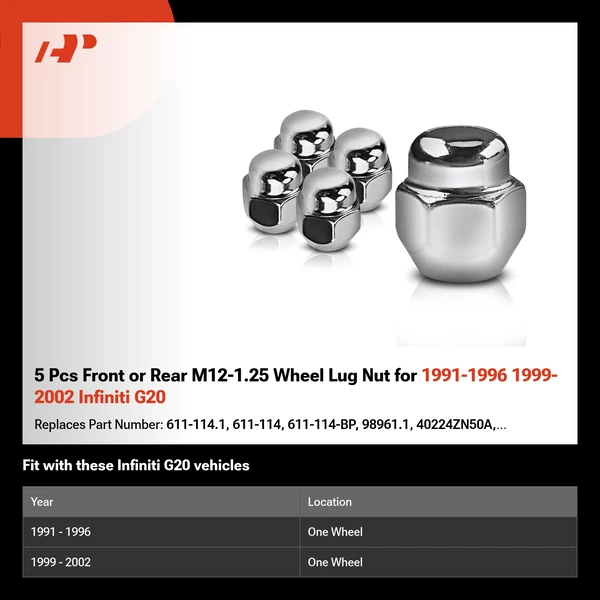 5 Pcs Front or Rear M12-1.25 Wheel Lug Nut for 1991-1996 1999-2002 Infiniti G20