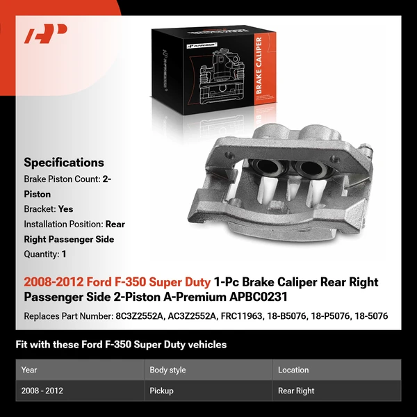 2008-2012 Ford F-350 Super Duty 1-Pc Brake Caliper Rear Right Passenger Side 2-Piston A-Premium APBC0231