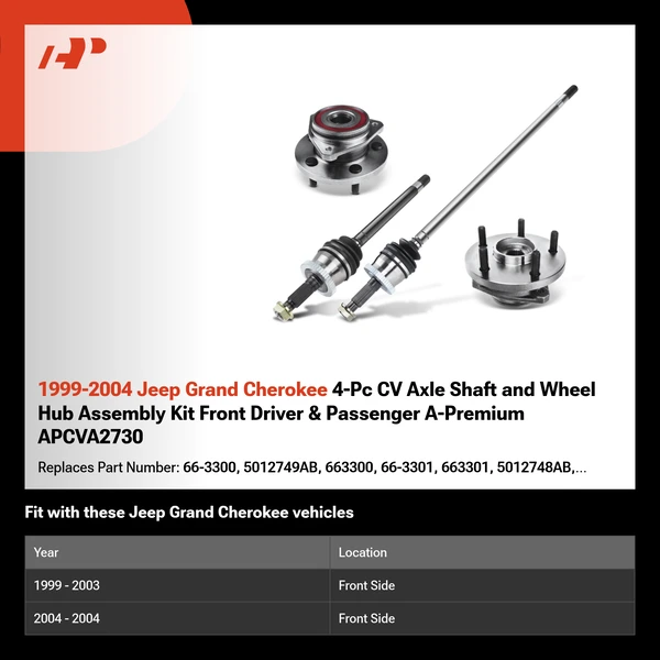 1999-2004 Jeep Grand Cherokee 4-Pc CV Axle Shaft and Wheel Hub Assembly Kit Front Driver & Passenger A-Premium APCVA2730