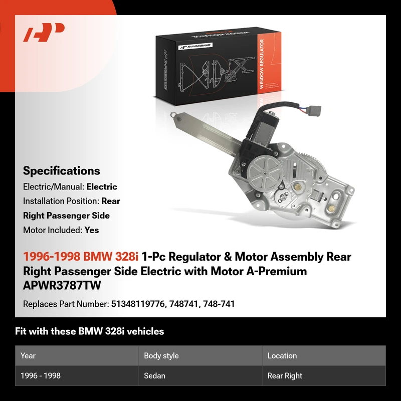 1996-1998 BMW 328i 1-Pc Regulator & Motor Assembly Rear Right Passenger Side Electric with Motor A-Premium APWR3787TW