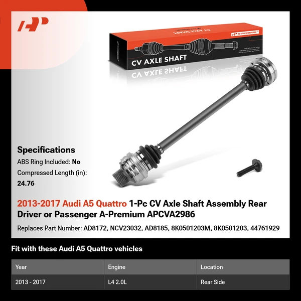 2013-2017 Audi A5 Quattro 1-Pc CV Axle Shaft Assembly Rear Driver or Passenger A-Premium APCVA2986