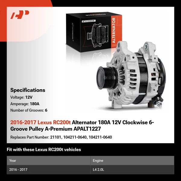 2016-2017 Lexus RC200t Alternator 180A 12V Clockwise 6-Groove Pulley A-Premium APALT1227