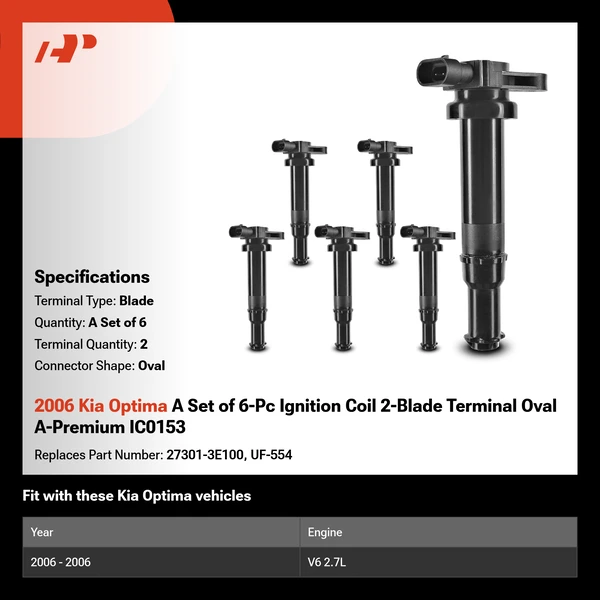 2006 Kia Optima A Set of 6-Pc Ignition Coil 2-Blade Terminal Oval A-Premium IC0153