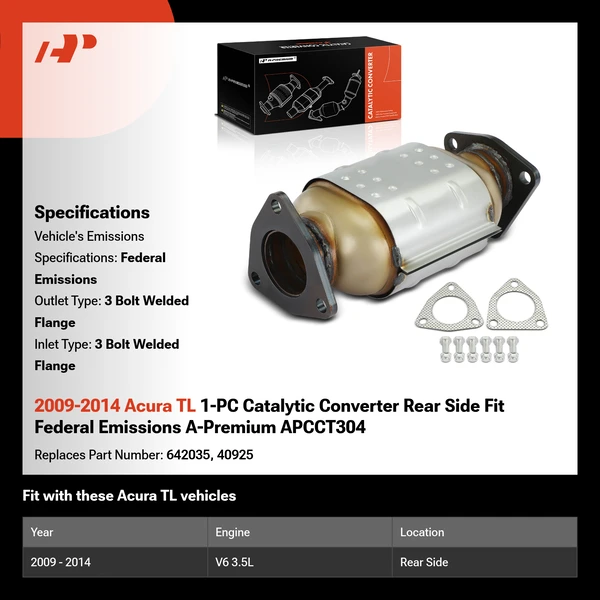 2009-2014 Acura TL 1-PC Catalytic Converter Rear Side Fit Federal Emissions A-Premium APCCT304