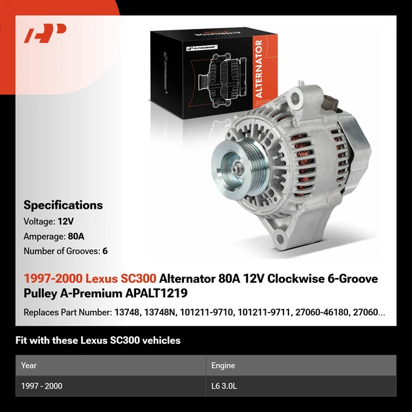 1997-2000 Lexus SC300 Alternator 80A 12V Clockwise 6-Groove Pulley A-Premium APALT1219