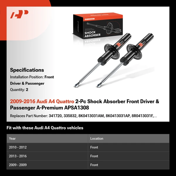 2009-2016 Audi A4 Quattro 2-Pc Shock Absorber Front Driver & Passenger A-Premium APSA1308