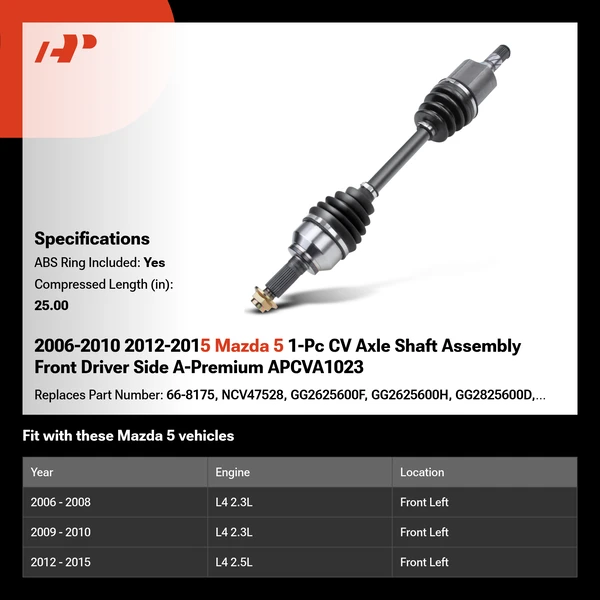 2006-2010 2012-2015 Mazda 5 1-Pc CV Axle Shaft Assembly Front Driver Side A-Premium APCVA1023