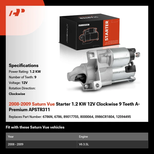 2008-2009 Saturn Vue Starter 1.2 KW 12V Clockwise 9 Teeth A-Premium APSTR311