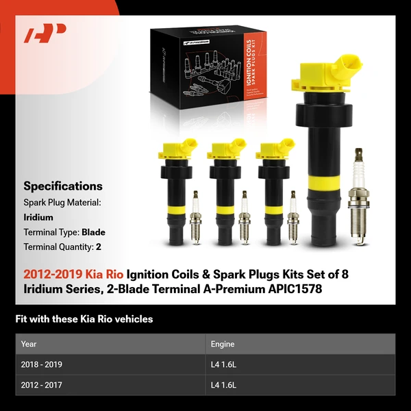 2012-2019 Kia Rio Ignition Coils & Spark Plugs Kits Set of 8 Iridium Series, 2-Blade Terminal A-Premium APIC1578