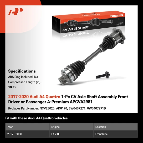 2017-2020 Audi A4 Quattro 1-Pc CV Axle Shaft Assembly Front Driver or Passenger A-Premium APCVA2981